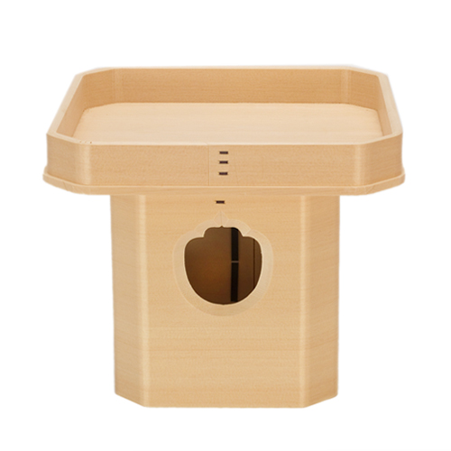 A wooden tray with raised sides and beveled corners. It has a high base with a cutout shaped like two circles attached to each other.